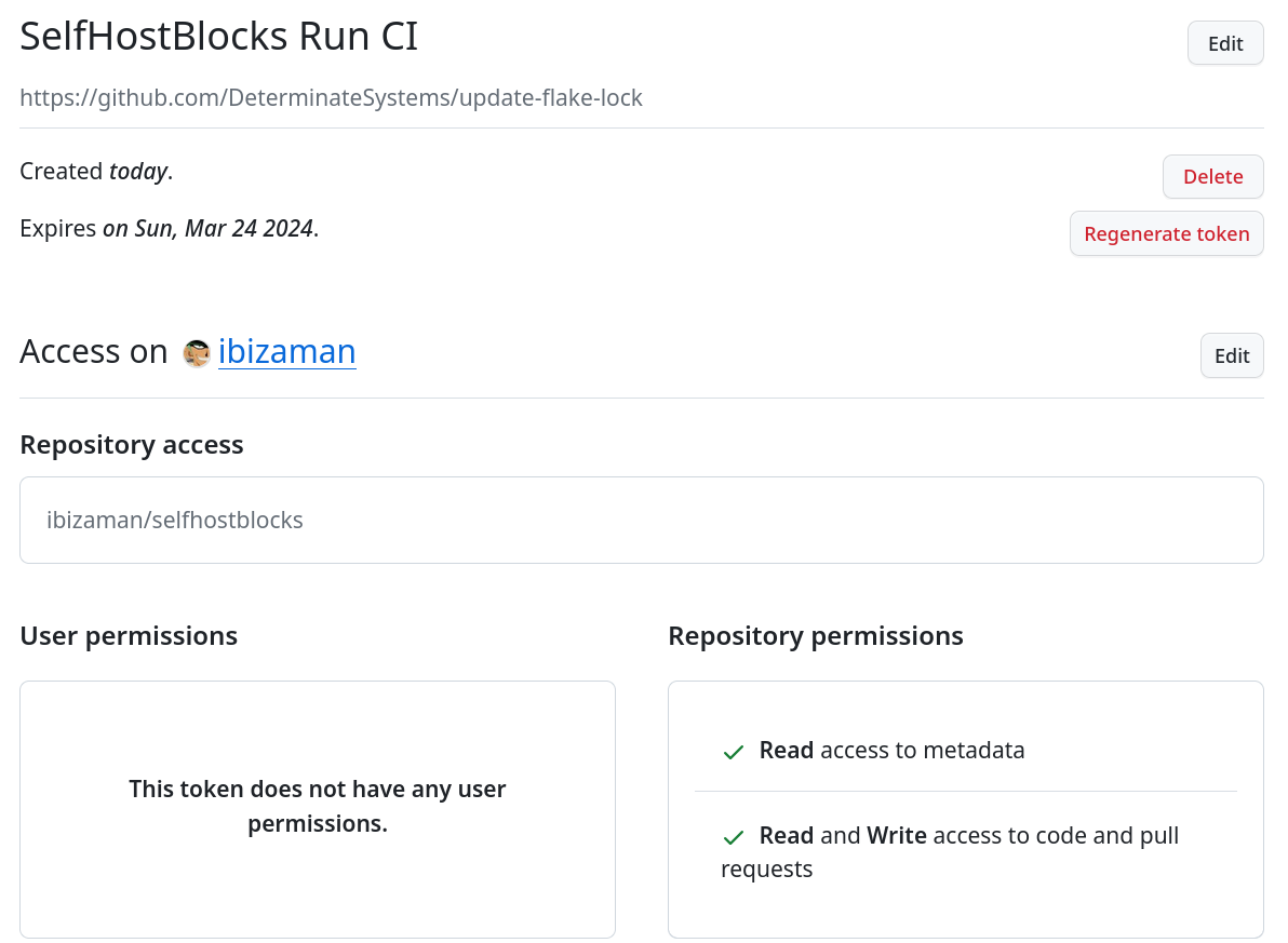 PAT with Read and Write access set for Contents (code) and Pull Requests permissions.