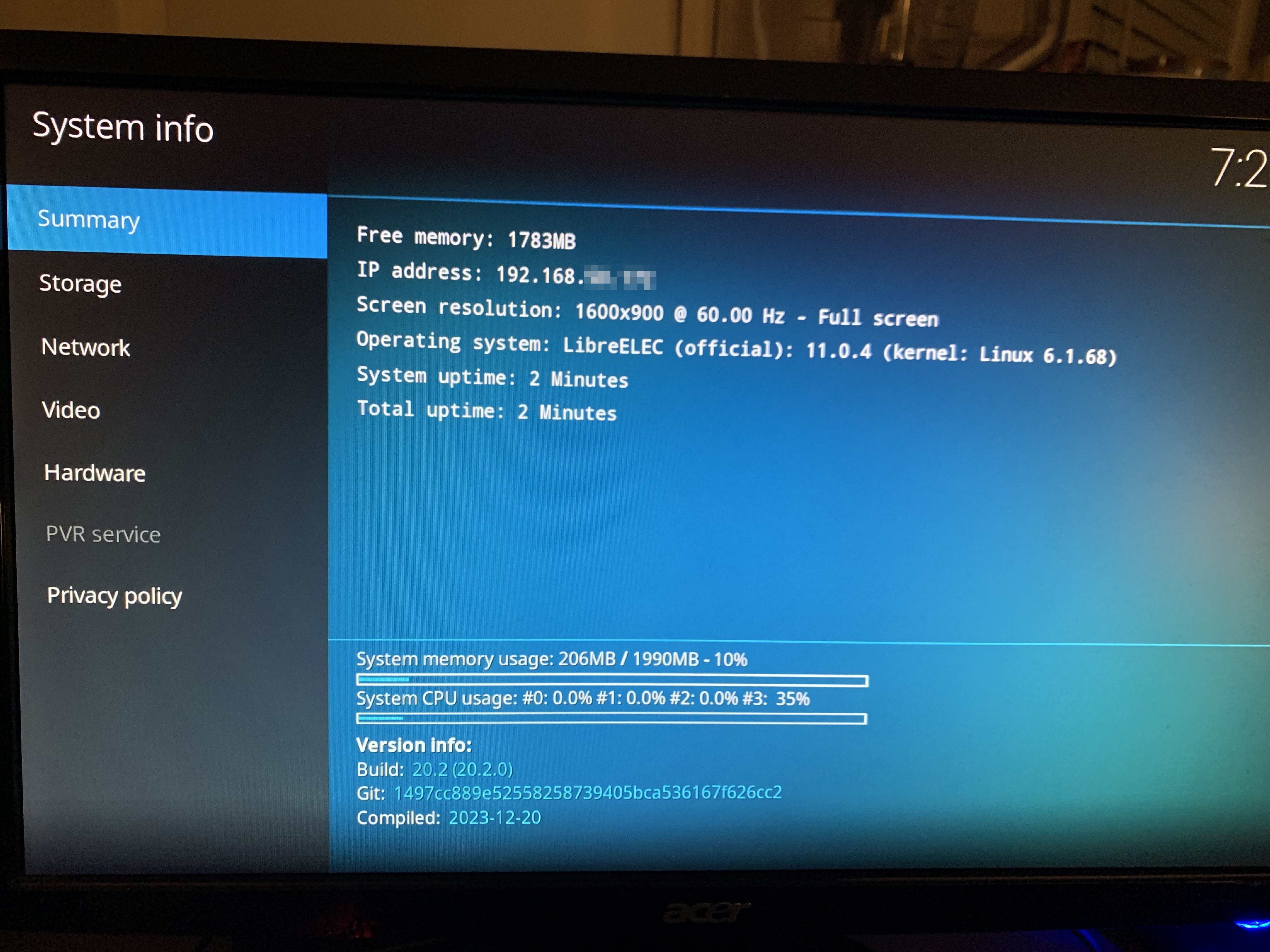 System Information page showing the IP address of the device.