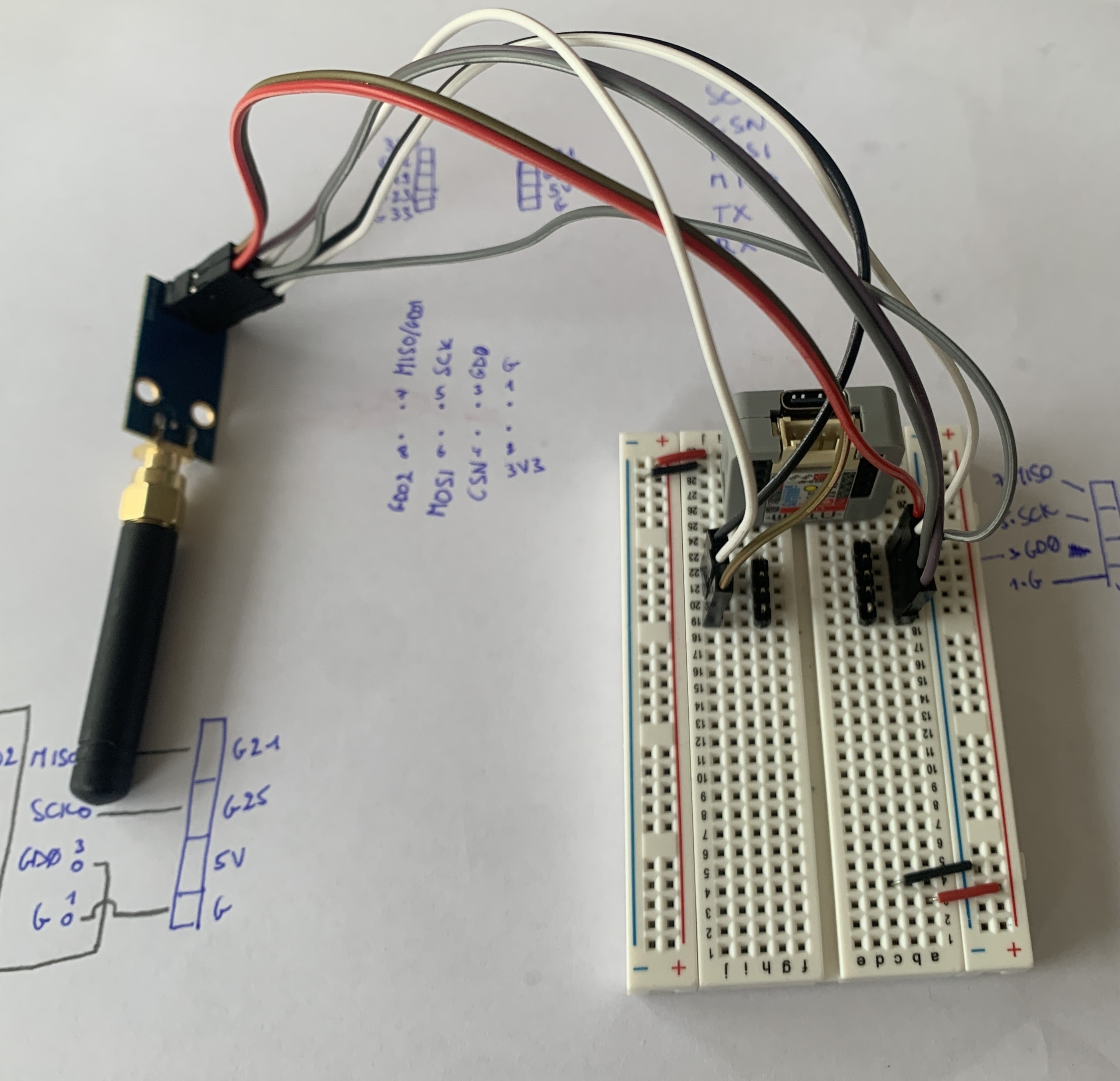 Solderless breadboard all wired up. I removed the Atom Lite so you could see the socket headers. I did put it back before continuing. I swear I did not forget.