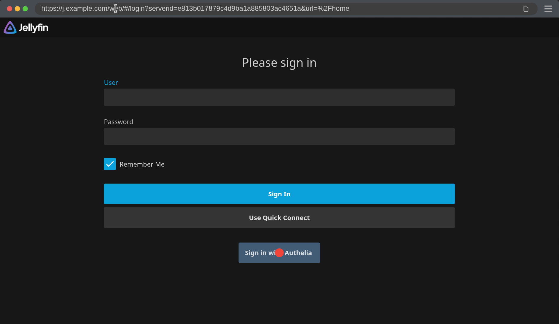 Jellyfin login form showing an extra button to sign in with SSO