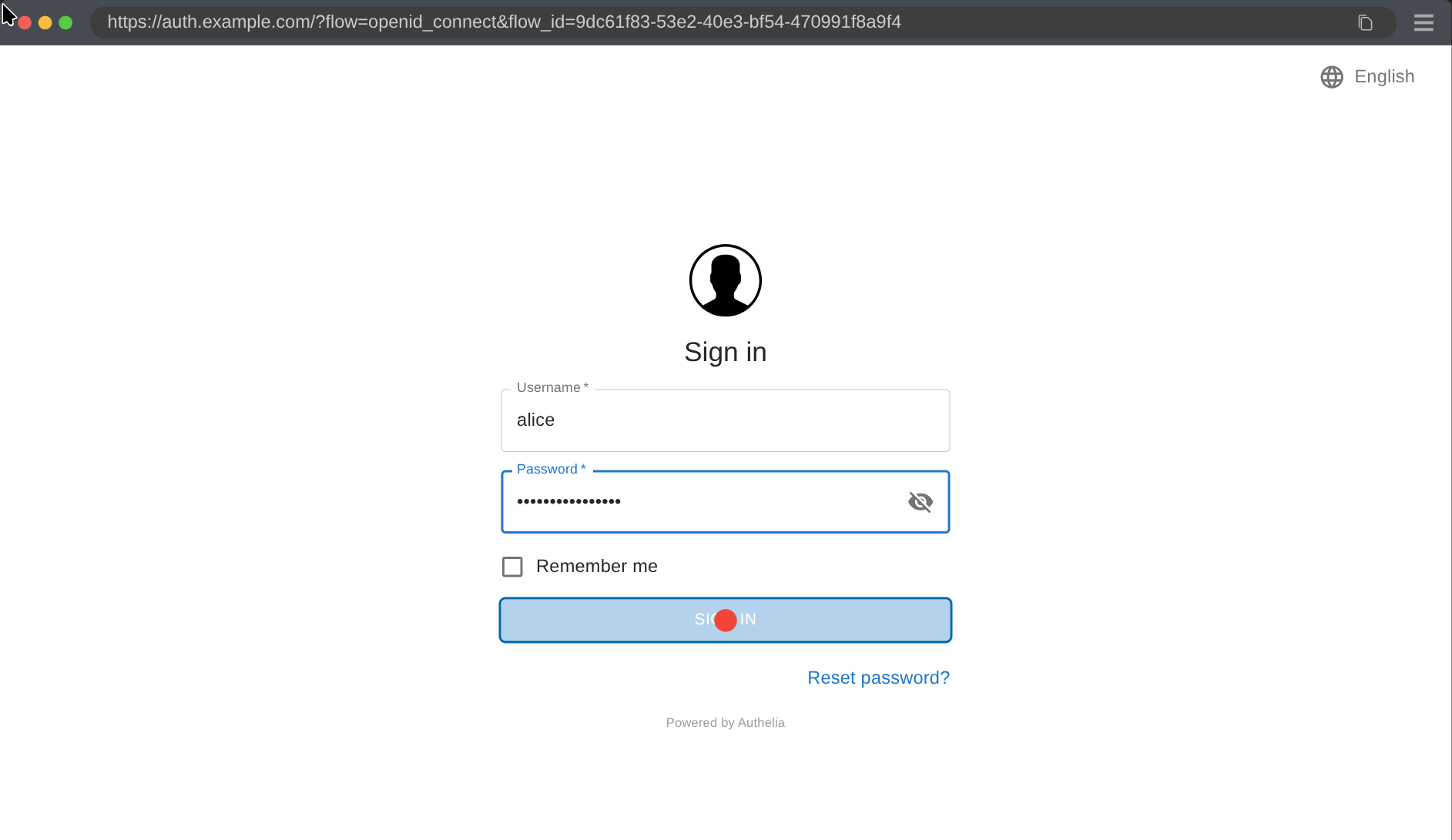 SSO login form from Authelia, showing two text inputs and a sign in button