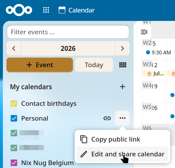 Edit and share calendar button is focused for the calendar named Personal