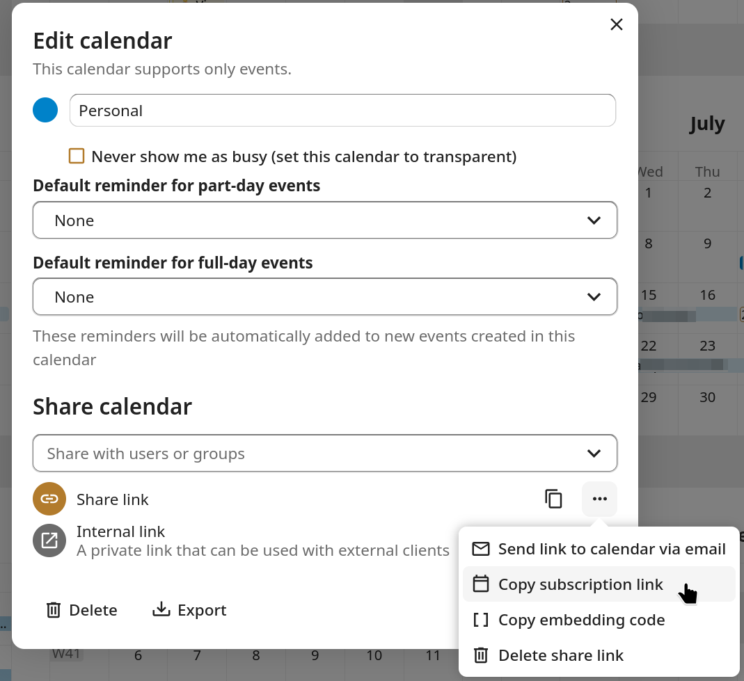 Copy subscription link is focused for the calendar named Personal