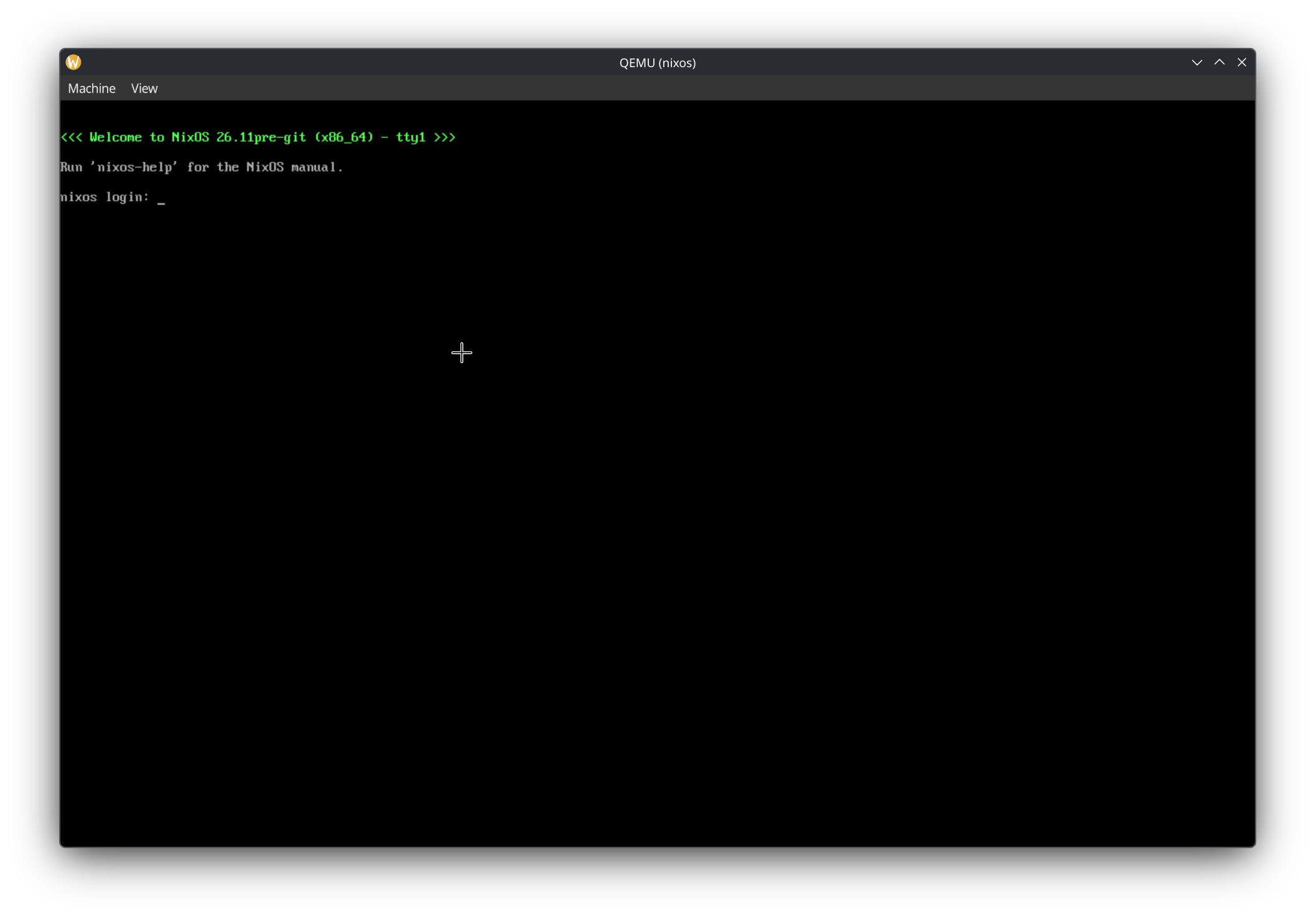VM showing the login prompt after a successful boot. The crowd is cheering.