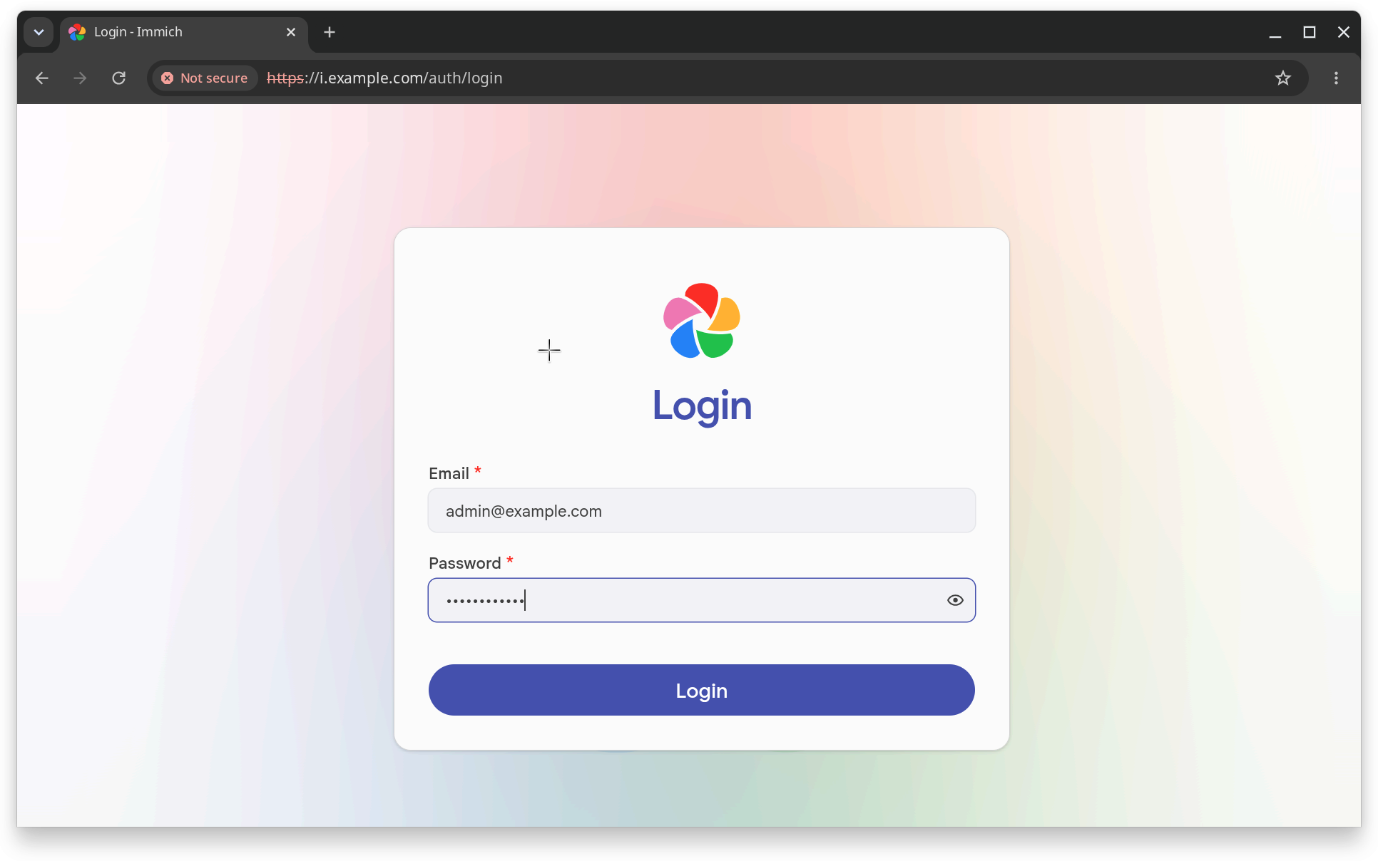 Browser showing the Immich login screen with the username and password filled out.