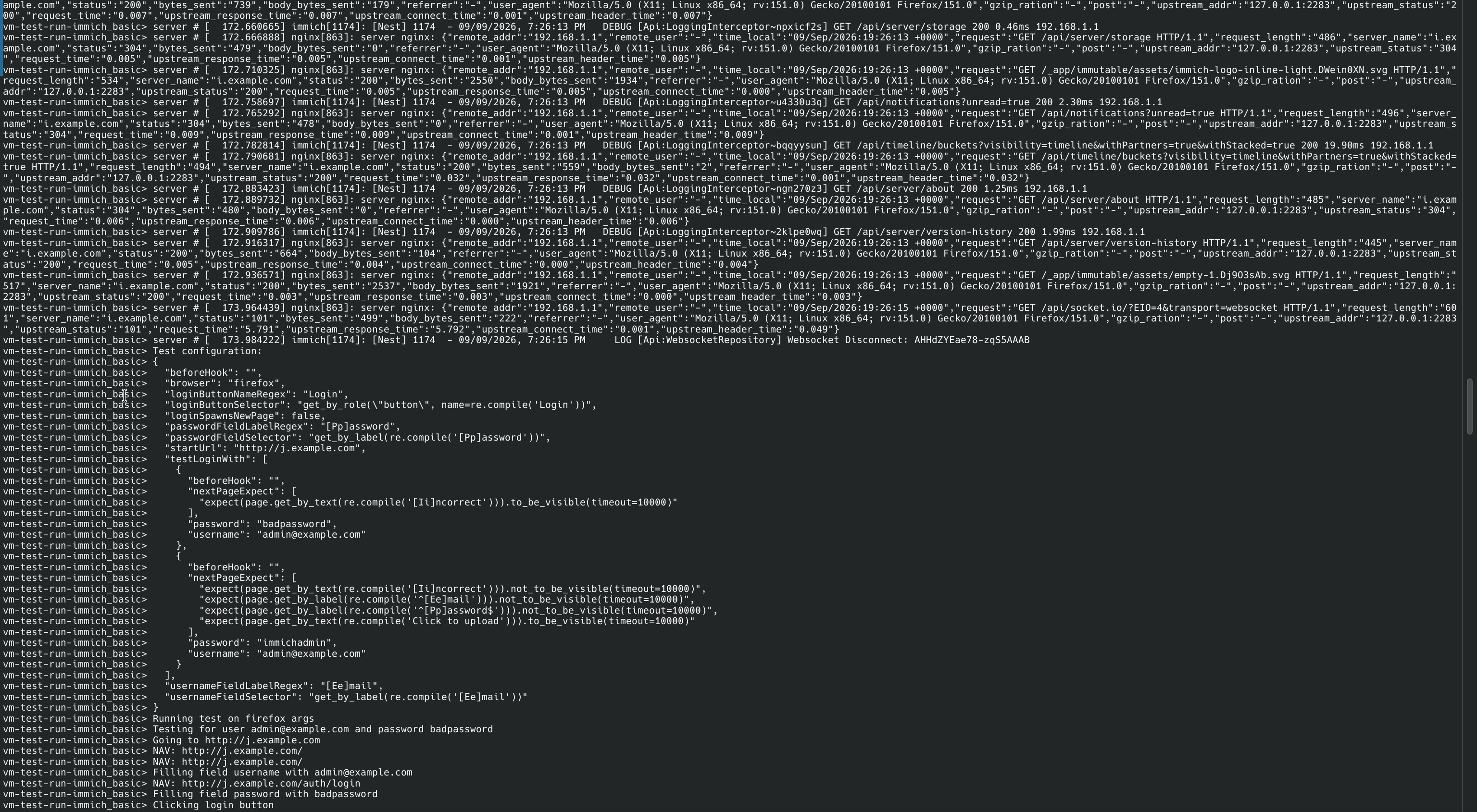 Who doesn’t love logs lines. The top half shows nginx access logs in json format and the bottom-half shows the SHB Playwright driver log lines. If you can make sense of this instantaneously, congratulations you’re an LLM!
